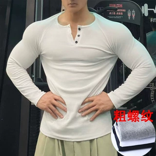 亨利衫美式螺纹棉复古长袖阿美咔叽男插肩健身显大亨利领t恤运动
