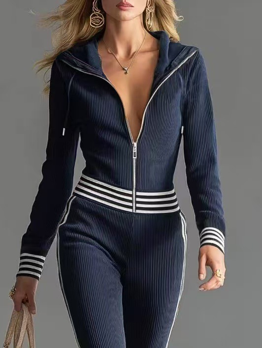 Retro sports dark blue knitted dress with hood with zipper