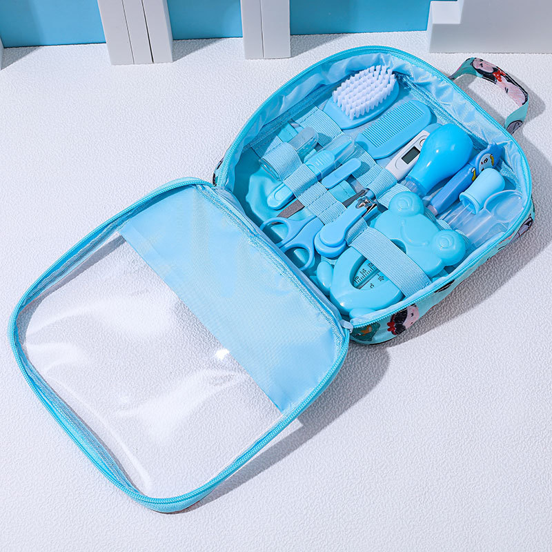 Cuidado de bebé 13 piezas set cepillo de peinado de uñas tijeras de nariz limpieza diaria bolsa de tela set portátil image 4