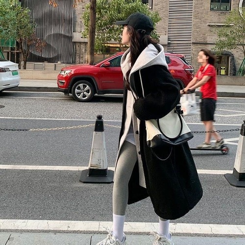 Women's Long Winter Hooded Coat with Lamb Wool, Versatile Loose Fleece Sweatshirt, Korean Style Chic Trendy Outerwear