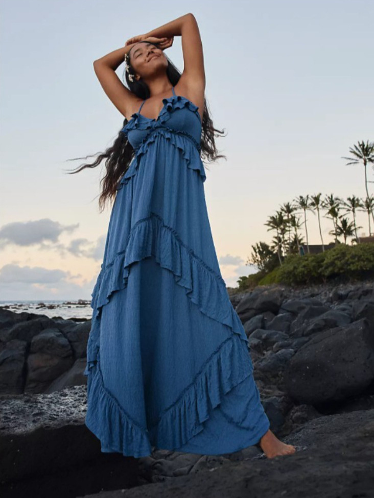 Ropa de mujer europea y americana 2024 verano nuevo estilo color sólido sexy tirantes con cuello en V sin espalda vestido largo mujeres comercio exterior al por mayor image 4