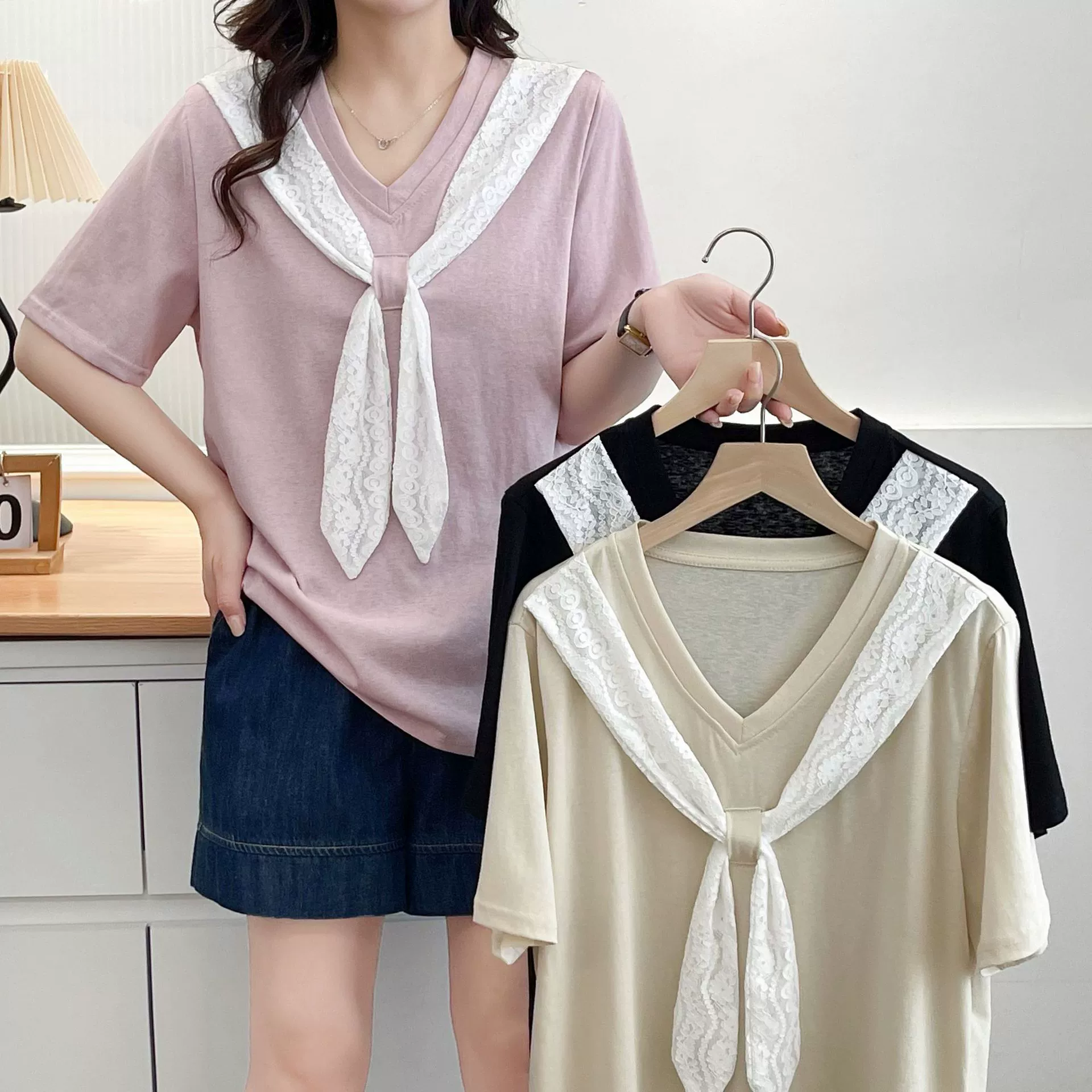 Женская хлопковая футболка больших размеров с короткими рукавами и корейской кружевной лентой, новинка лета 2025 года, топ для похудения, дизайн MM, 735