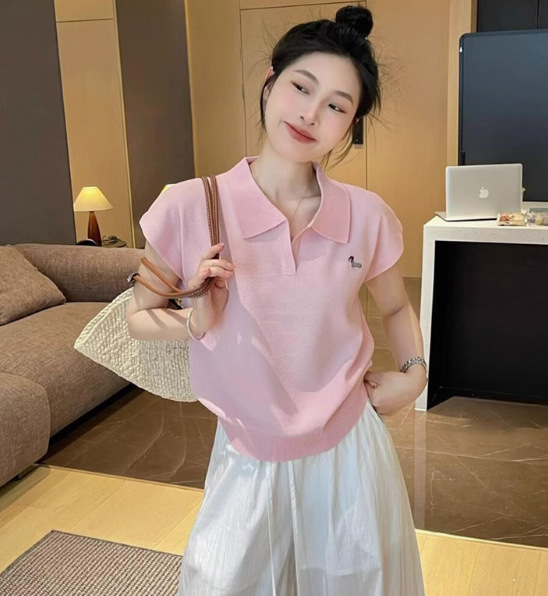 レッドポロカラースモールフライングスリーブニットアイスシルクショートトップ女性の夏美白ドーパミン右肩半袖Tシャツ|undefined