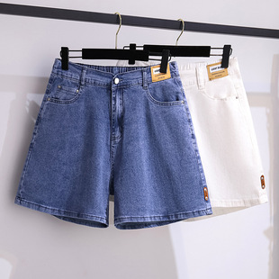 Large size women's 200/300kg denim shorts high waist casual loose straight elastic wide leg pants 3368