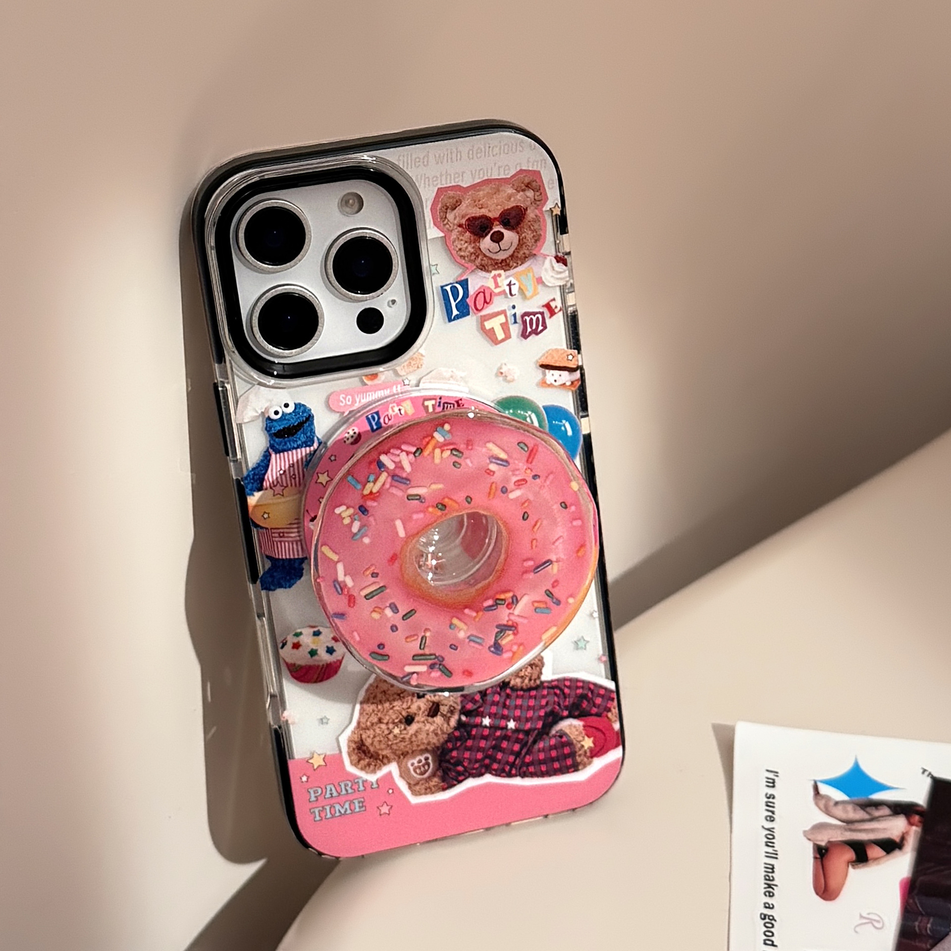 Funda magnética transparente para iPhone 17, estilo Donut Stand 16 Pro Max, adecuada para niños, diseño de oso infantil, funda suave para iPhone 13/14