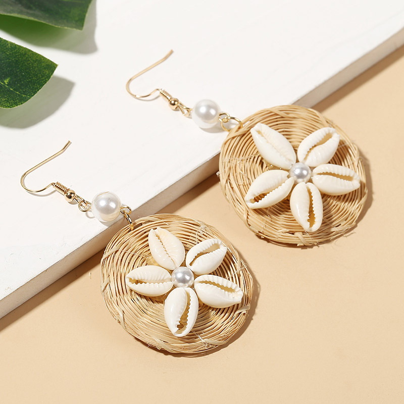 1 Pair Vacation Flower Shell Braid Inlay Artificial Pearls Womenu0027S Drop Earrings
