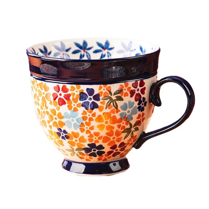 Hand-Painted Ceramic Breakfast Cup Set With Spoon (510ml) - 4 Vintage Floral Designs, Includes Nut Dish & Spoon_voghion.com