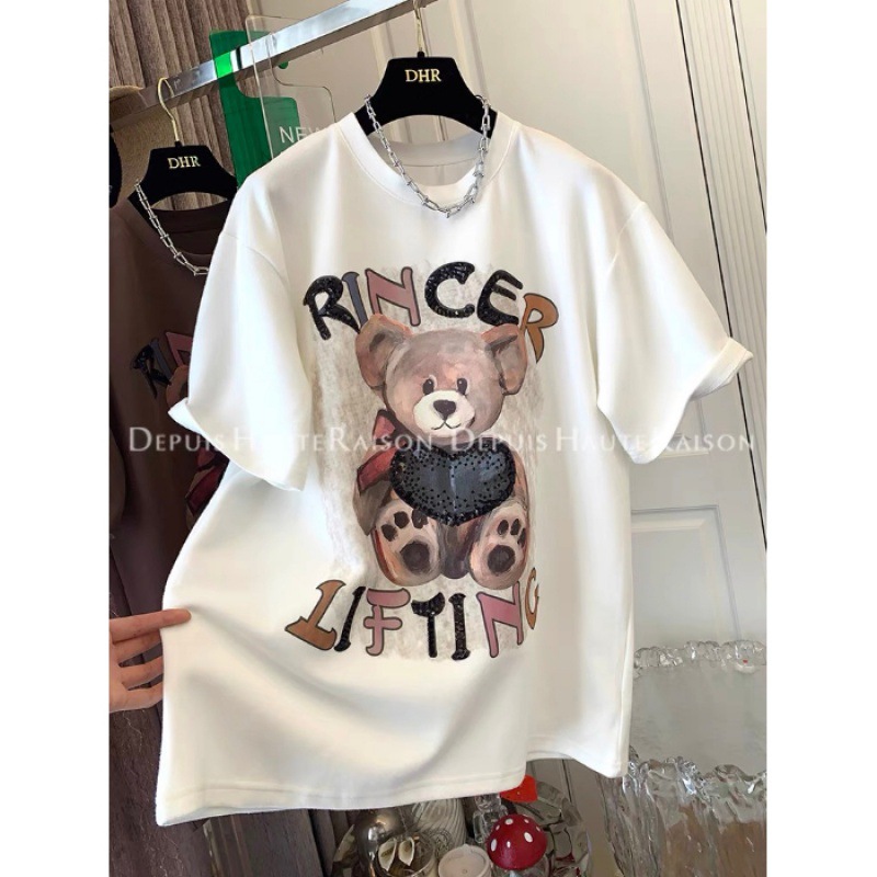 Camiseta de manga corta con estampado de oso, estilo europeo, cepillada y engrosada, para mujer, nueva colección otoño/invierno 2026, top adelgazante de talla grande con media manga. image 10