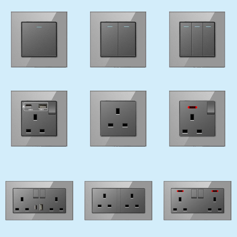 13A British electric socket with USB fast charging type-c British standard square foot gray glass switch panel Hong Kong and Macao version