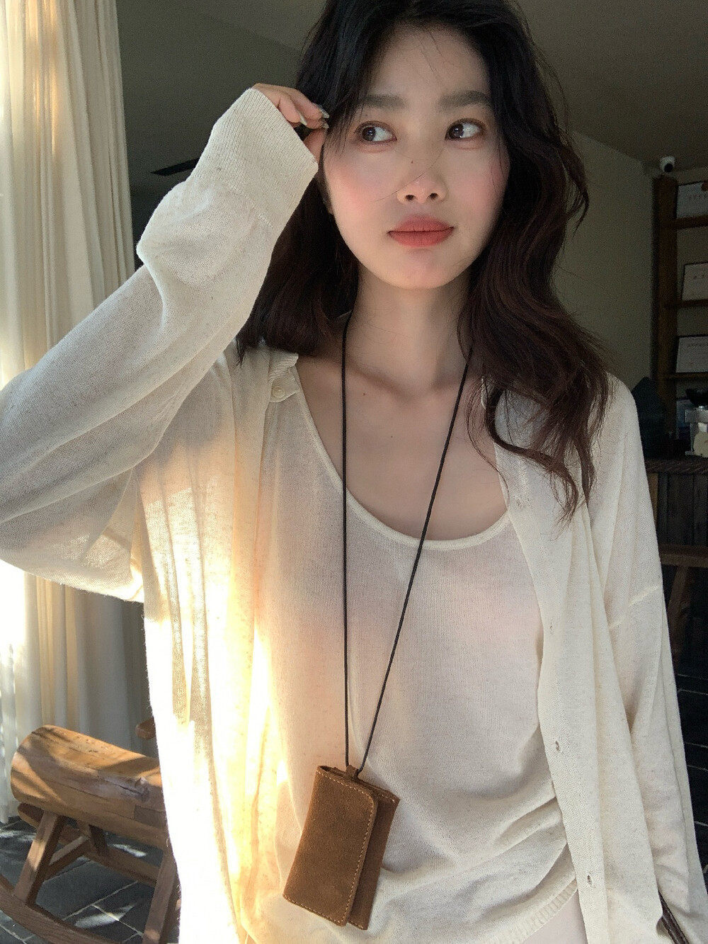 Bộ cardigan len phối áo hai dây nữ phong cách lười biếng mùa hè — yến mạch chi tiết 23