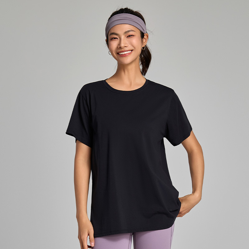 純綿ゆるいtシャツ夏の涼感速乾運動上着女性純色氷感半袖ヨガフィットネス服|undefined