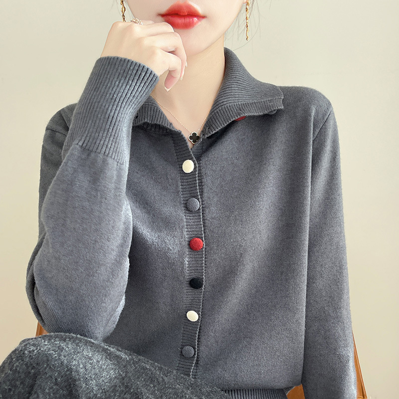 니트 카디건 스탠드 칼라 컬러 버클 겨울 코트베이스 셔츠 여성 패션 서양식 연령 감소 가을 코트 스웨터 여성 한국어