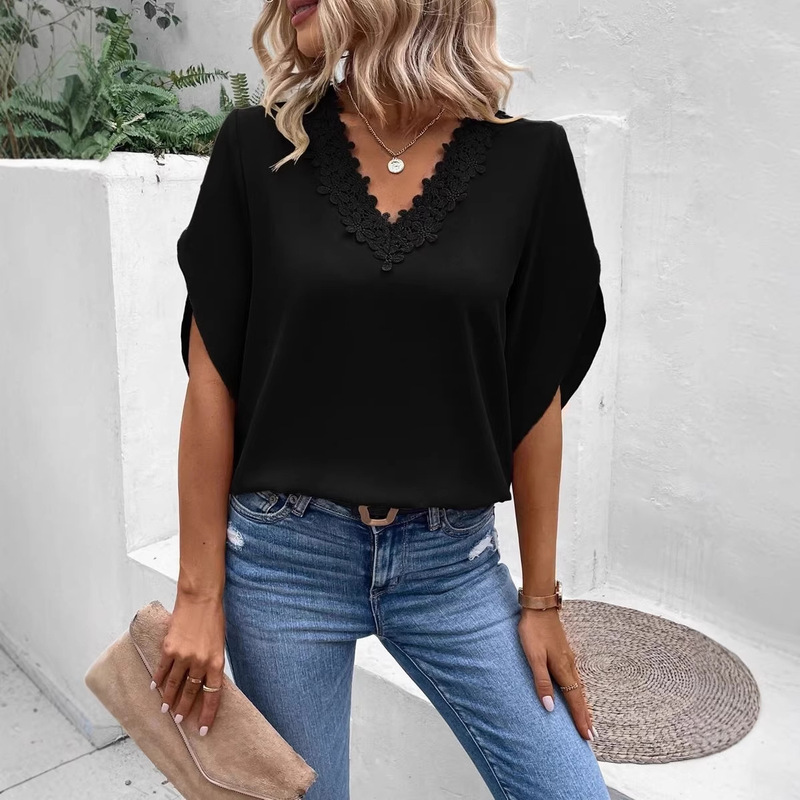 2026 European and American Amazon Women's New Style Solid Color Lace V-Neck Bell Sleeve Loose Shirt Short-Sleeved Top for Women Summer