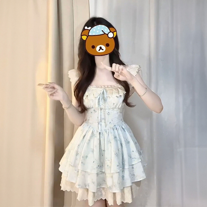 真夏の桜織り花羽絶妙で甘い小さなフライングスリーブ優しい花柄ウエストプリンセスドレス|undefined