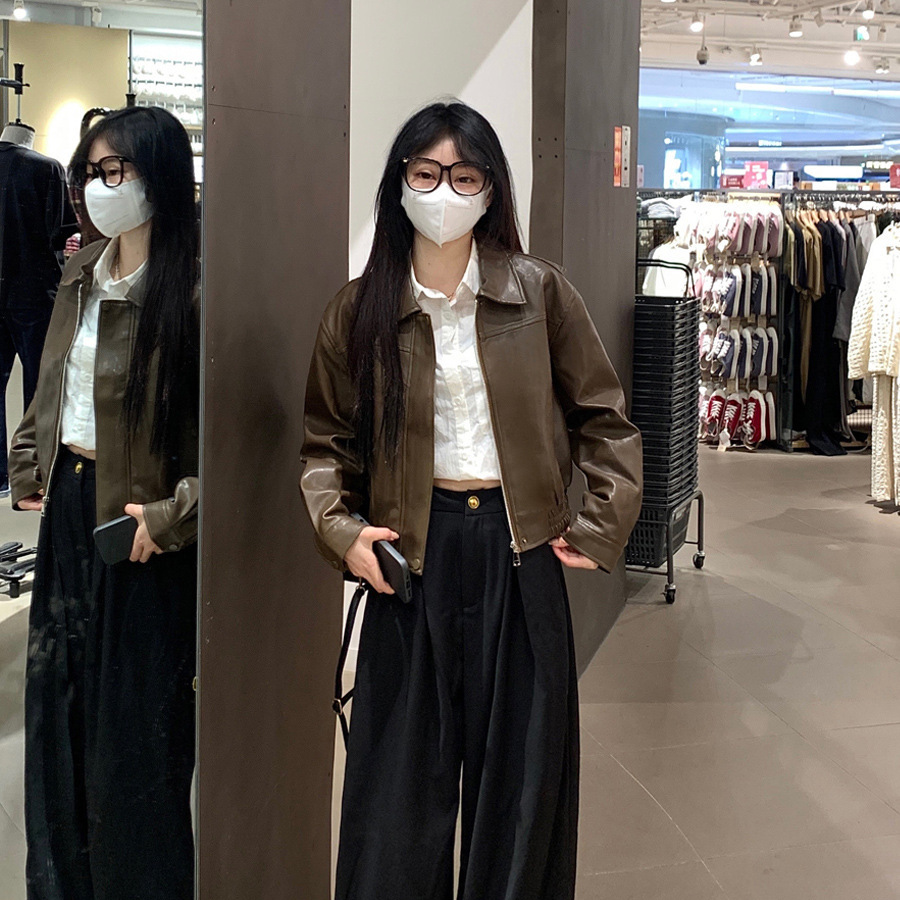 Brown Leather Jacket for Women, Short Style, 2025 Autumn and Winter New Model, Petite Hong Kong Style Retro Casual Leather Jacket, Biker Jacket