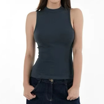 In-Stock Half-High Collar Sleeveless Vest American-Style Sports Hot Girl Slim-Fit T-Shirt with a High-End Stretchy Feel as a Base Layer Top
