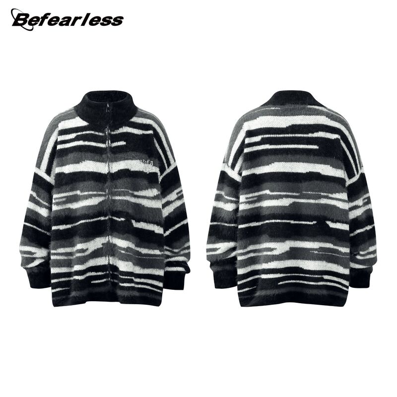 American Style Trendy Brand Camouflage Mohair Cardigan Sweater Jacket for Men and Women Autumn and Winter Retro Lazy Style Zipper Sweater