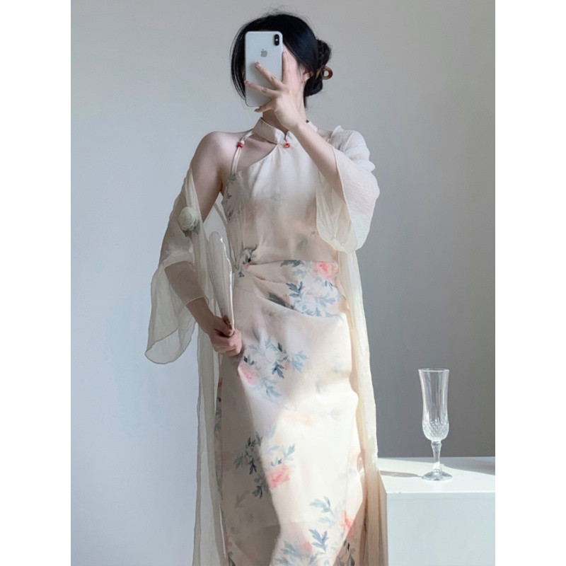 Q7N 新中国風レトロホルターネックチャイナドレス改良版ドレス女性の夏服 2025 新しい中国風ウエスト|undefined