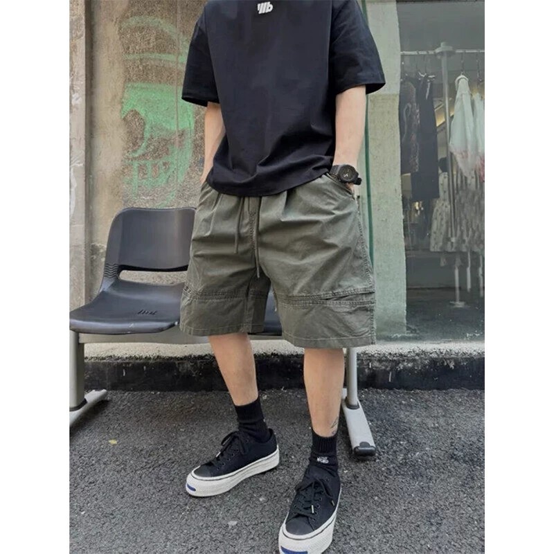 Army Green Large Pocket Cargo Shorts for Men, Summer American Retro Patchwork Design, Sports Drawstring Five-Point Pants Army Green Large Pocket Cargo Shorts for Men, Summer American Retro Patchwork Design, Sports Drawstring Five-Point Pants