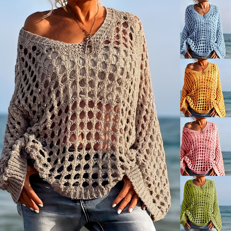 2025 New Sexy Hollow Knitted Sun Protection Shirt Vacation Sweater Women's Spring and Summer Beach Cover-Up Top