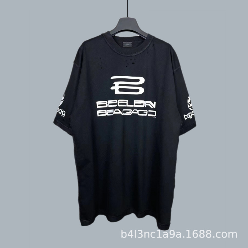 [Ready Stock and Shipped in Seconds] Correct High Version Paris B Ai Distressed Ripped Reverse Wear Loose Printed T-Shirt for Men and Women