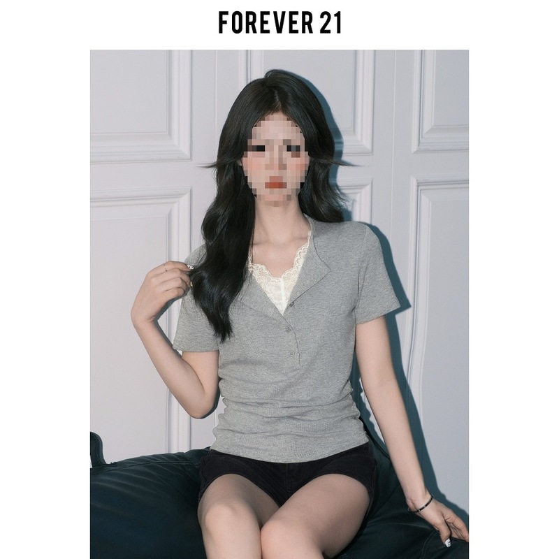 Forever21气质灰色蕾丝假两件V领针织小衫女纯欲修身长袖打底上衣|undefined