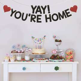 Yay You're Home 横幅闪光金葱纸 欢迎回家派对装饰 趣味欢迎横幅