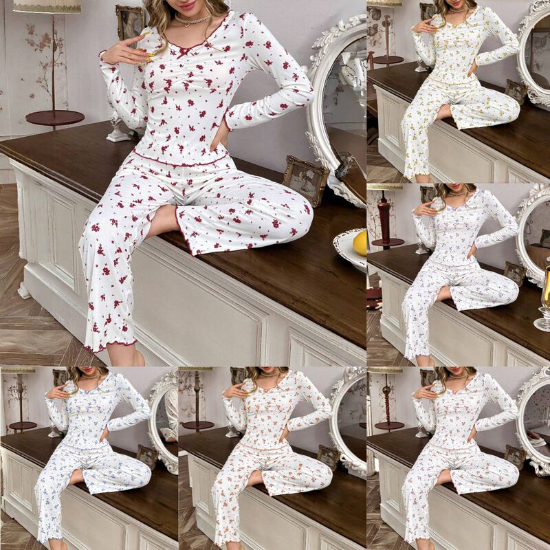 Cross-Border Popular European and American Style Autumn and Winter Home Wear Sexy Casual Fashion Long-Sleeved Trousers Pajamas Two-Piece Women's Set