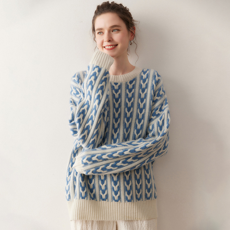 2025 Fashionable New Jacquard Contrasting Color Round Neck Dropped Shoulder Sleeve Pullover Women's Sweater Lazy Retro Fair Isle Warm