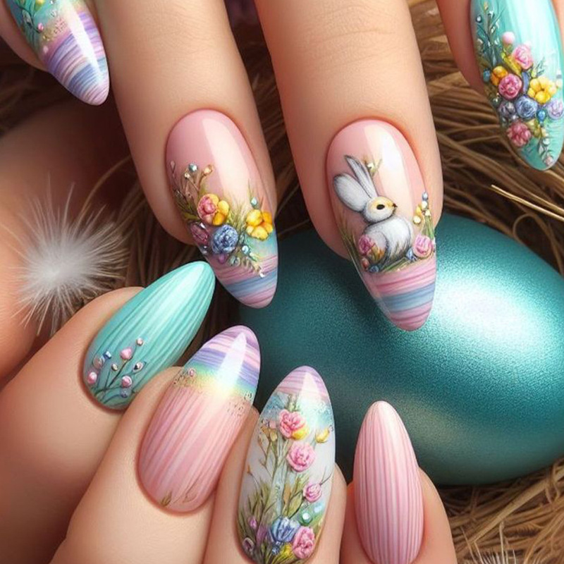 Easter Cartoon Retro European Style Garden White Rabbit New Candy Style Almond Wear Finished Fake Nail Patch Easter Cartoon Retro European Style Garden White Rabbit New Candy Style Almond Wear Finished Fake Nail Patch
