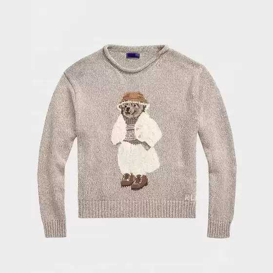 New 2024 Autumn and Winter Ralph Lauren Bear Women Cotton Knitted Shirt Pullover Khaky Loose Long Sleeve Crewneck Sweater