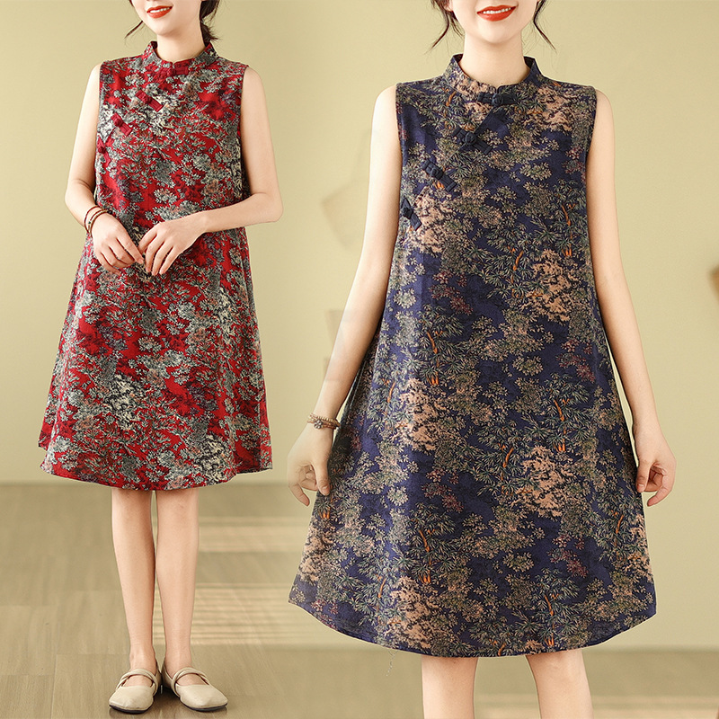 Chinese Style Ethnic Style Cotton and Linen Printing Modified Cheongsam Women's Artistic Retro Loose Sleeveless Vest Elegant dress