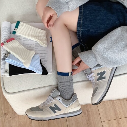MEKKI Women's Japanese Double-Needle Striped Fabric Label Medium Calf Socks Korean Summer Thin Women's Socks Versatile Bunch Socks