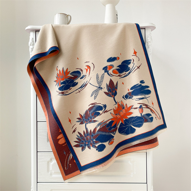 Kaschmir hand fühlen frauen, herbst und winter Chinesischen stil lotus teich warm i mitation kaschmir schal, dicken doppelseitigen_voghion.com