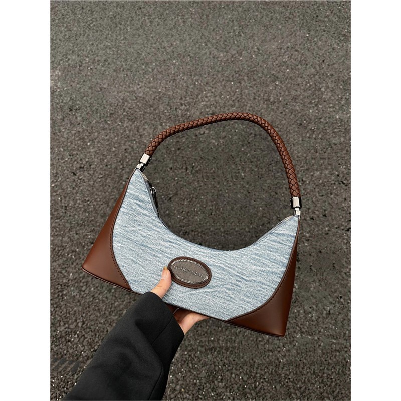 Denim Canvas Baguette Bag For Work Commute, Women's Single Shoulder Bag 2025 New Niche Design Handheld Underarm Bag - Thumbnail 4