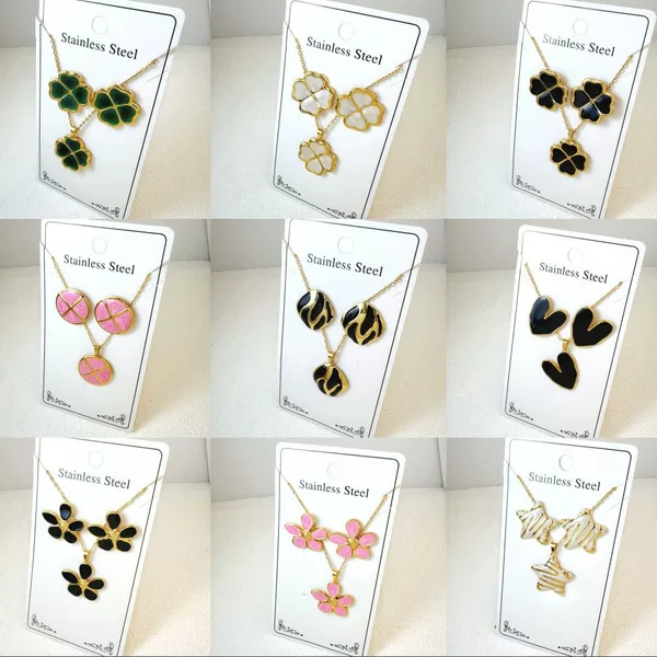 Cross-Border New Product Flower Four-Leaf Clover Drip Glaze Earrings Necklace Set Personalized Versatile Stainless Steel Jewelry Set Wholesale