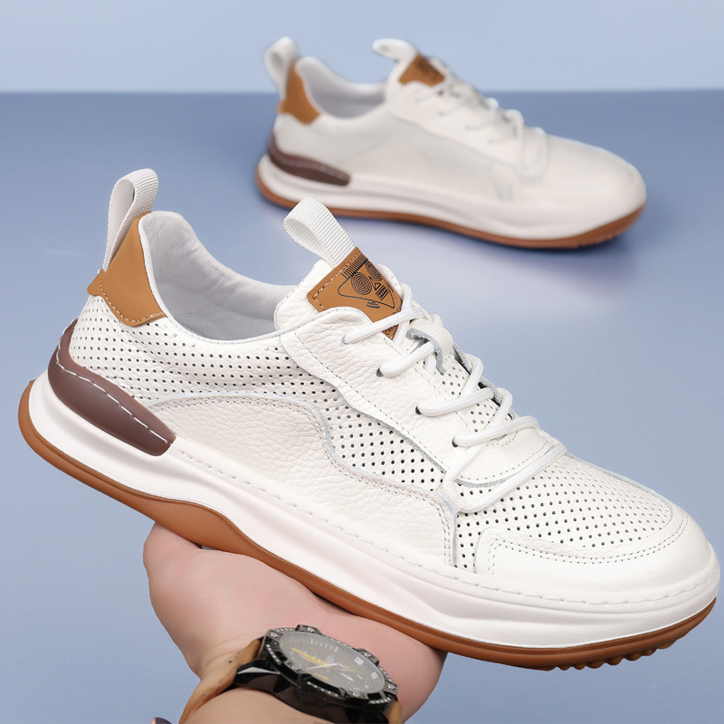 Piel de vaca de primera capa de verano nuevos hombres sandalias de cuero para hombres zapatos blancos transpirables zapatos perforados zapatos de hombre zapatos