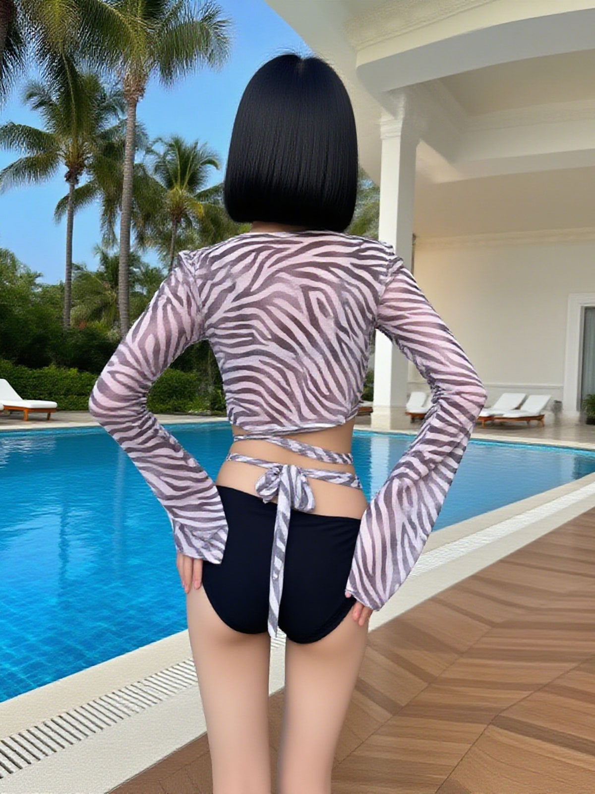 Bikini conservador de tres piezas, blusa de protección solar de manga larga a rayas de cebra, traje de baño dividido, traje de tres piezas para mujer, vacaciones en la isla