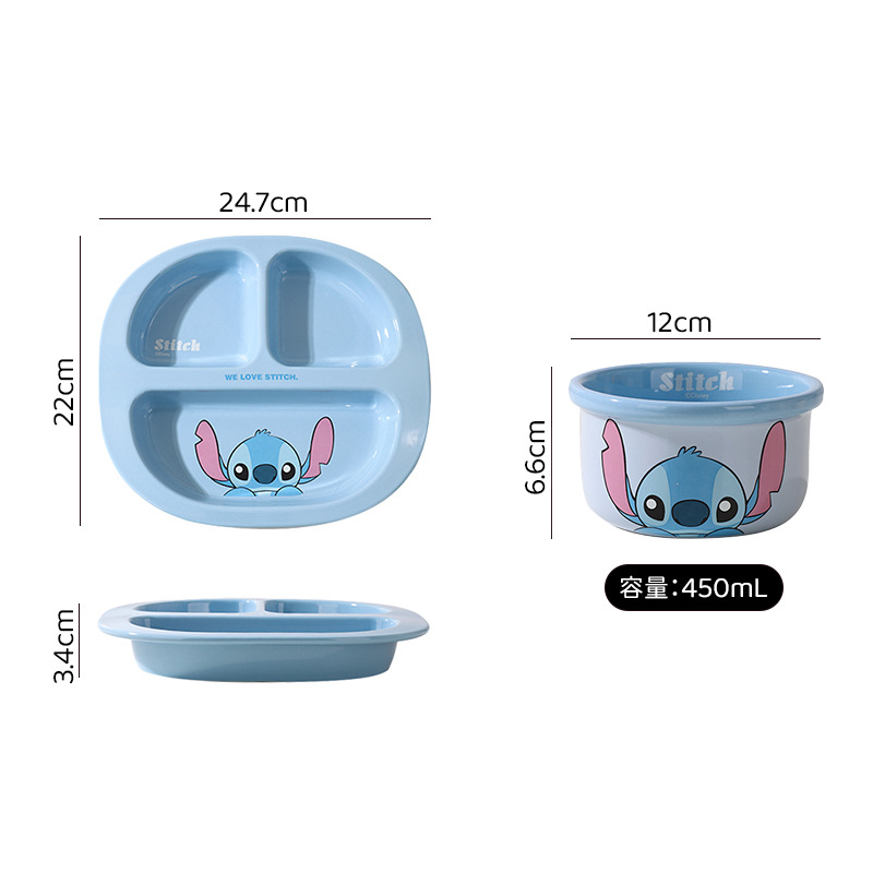 Disney Pooh Stitch Ceramic Baby Ensalada linda para niños Té de la tarde Disco reductor de grasa Disco de tres comparticiones