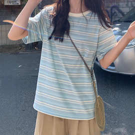 韩系ins浅蓝色条纹T恤女短袖夏季宽松休闲小清新百搭一件代发