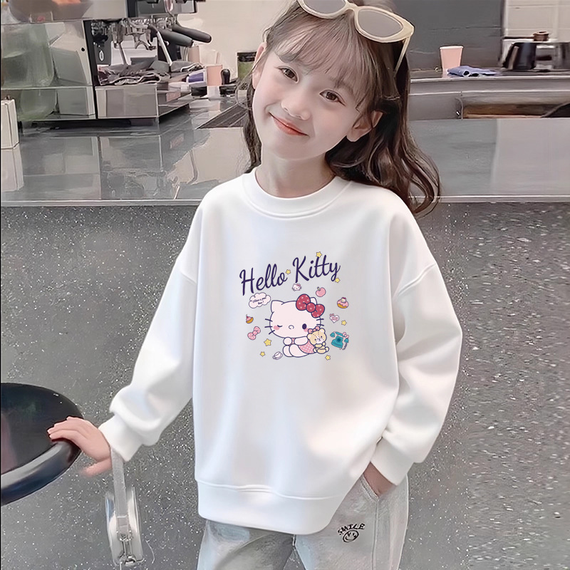 Girls' white pure cotton long-sleeved sweatshirt, thin and loose fit, stylish and versatile printed top for spring and autumn, suitable for medium and large children.