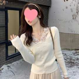 秋冬季新款小个子气质领蕾丝打底衫女外穿修身显瘦针织毛衣上衣