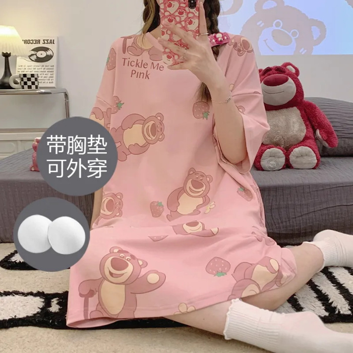 2024 verano pijama de mangas cortas cojín de pecho dibujos animados pijama dulce vestido suelto engordado ropa de hogar de tamaño grande