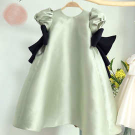 周岁礼服宝宝速卖通wish公主蝴蝶结绿色泡泡袖儿童缎面生日公主裙