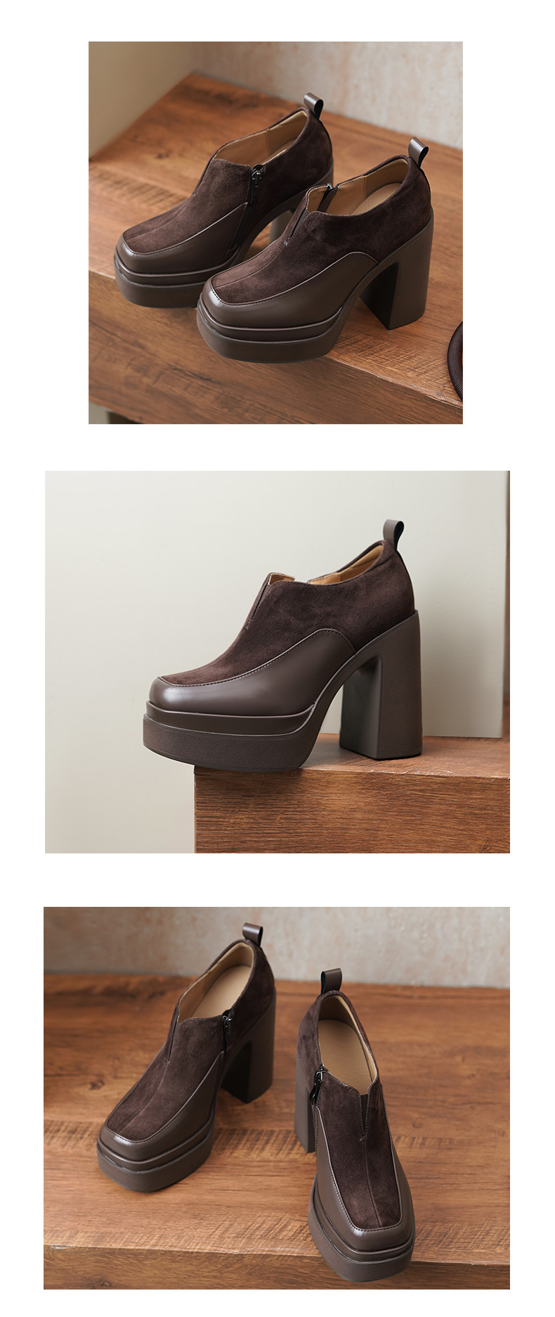 Giày cao gót nữ mũi vuông đế xuồng platform gót vuông 9 cm, phối màu tương phản, form dáng loafer — màu nâu, màu đen chi tiết 8