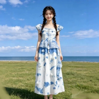 云南大理批发手工纯植物板蓝根蓝染扎染旅游度假日常百搭女连衣裙