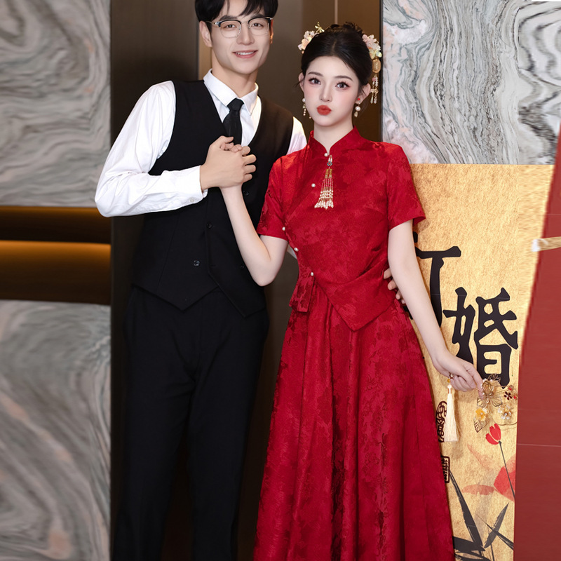 新中式改良旗袍敬酒服新娘2025结婚红色订婚连衣裙女小个子回门感|undefined