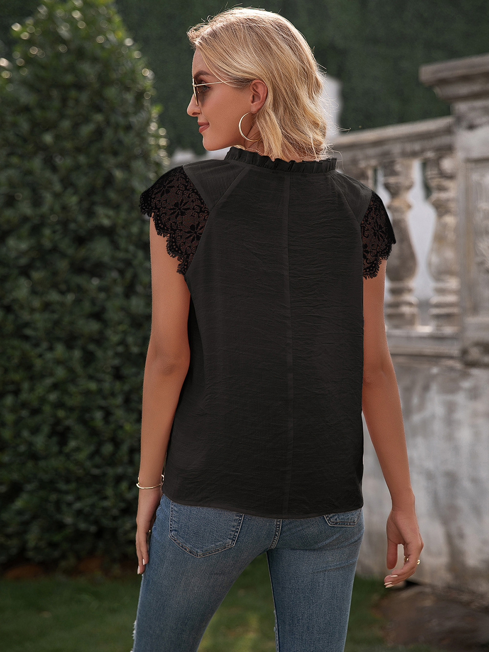 stitching fungus edge v neck lace-up solid color lace top NSYBL120691