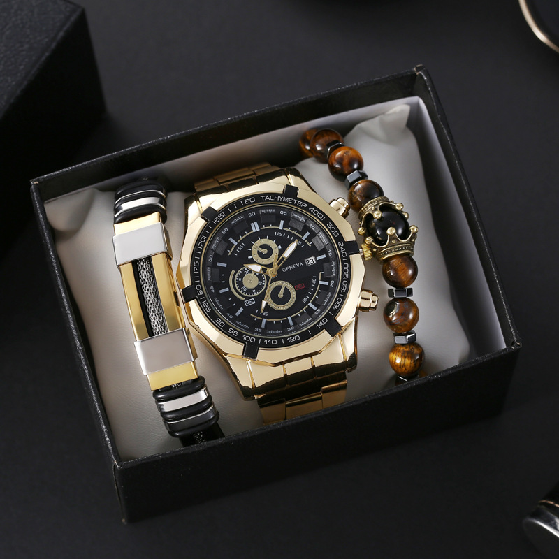 2023 foreign trade new AliExpress men's steel band set watch fashion three eyes calendar men's watch 3PCs quartz watch