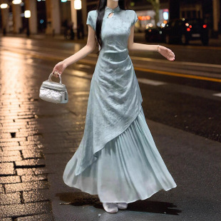 New Chinese Style Improved Cheongsam Summer New Fashion Irregular Fake Two-Piece Super Long Chinese Style Slim Dress for Women